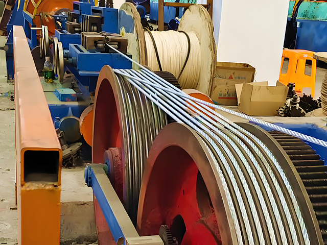 Steel wire rope manufacturing machine with spooled steel wire enabling precise steel cable production